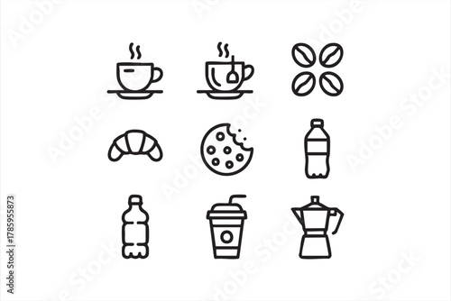 Black and white icon set showing drink and snack elements for cafe graphics