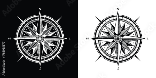 Vintage compass rose illustration with north, south, east, and west directional points, displayed on black and white backgrounds
