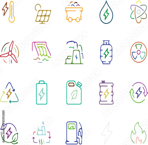 Set of renewable energy icons colorful line style vector illustration for sustainable power and envi