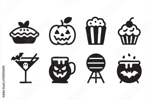 Cute spooky icon collection of pumpkin treats and drinks for Halloween decor