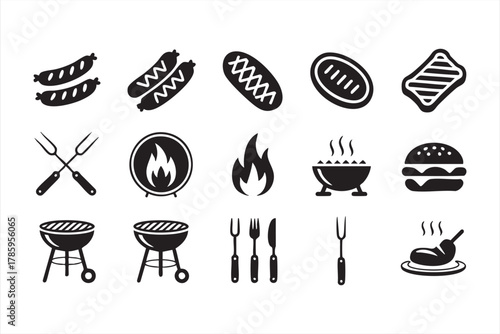 Barbecue and grill vector icons set with food, flames, and utensils illustration
