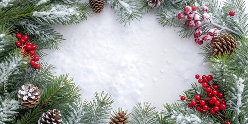 Festive winter wreath frame with snowy pine needles pinecones and red berries for holiday greetings and decorations