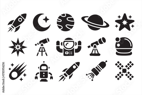 Black silhouette vector icons for astronomy, planets, and cosmic discovery