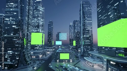 Advanced Infrastructure & Design with 4k looped background green screen banners 3d city of the future distortion, overlay, glitch, static noise, scan lines on black background, animated video loop