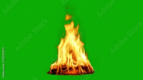 Igniting Flame Transition with isolated burning on green screen used for fire video effect distortion, overlay, glitch, static noise, scan lines black background, 4k animated loop