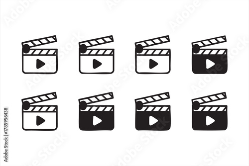 Movie clapperboard vector icons with play button for video and film design
