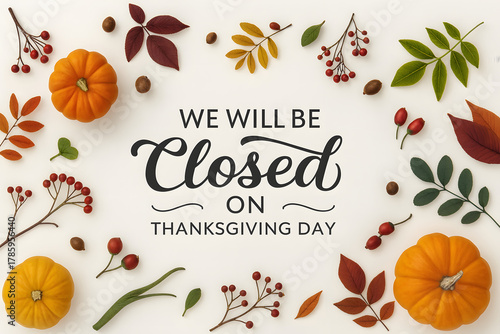 Thanksgiving Day closed announcement with autumn decorations, perfect for holiday notices, seasonal signage, and festive communications