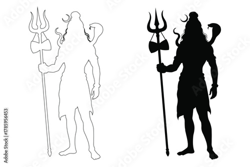 Lord Shiva Silhouette Vector clipart: Trishula, hindu, deity, god, Maha, Shivaratri, festival, trishula, black, trident, moon, outline, symbol, 