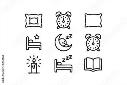 Bedtime routine vector icons set with pillow, clock, and sleeping moon design