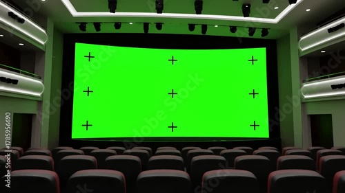 Art and Technology in Modern Cinema with beautiful wide screen hall moving through over the seats 3d animation lights green tracking points concept 4k ultra hd 3840x2160 distortion, overlay, glitch