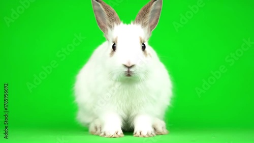Wildlife studio with little white brown ear rabbit clean forelegs and look forward on blue screen background distortion, green overlay, glitch, static noise, scan lines black background, 4k animated