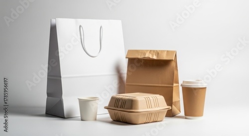 Takeaway food packaging and drink cup arranged on a white surface