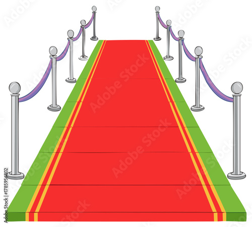 Vibrant red carpet with stanchions and purple ropes leading to a special event entrance illustration