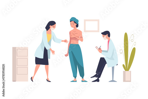Plastic Surgery with Doctor and Patient at Body Correction in Aesthetic Beauty Clinic Vector Illustration