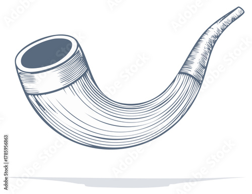 Engraved Style Illustration of Musical Horn Instrument, Shofar, Ritual Item, Symbol