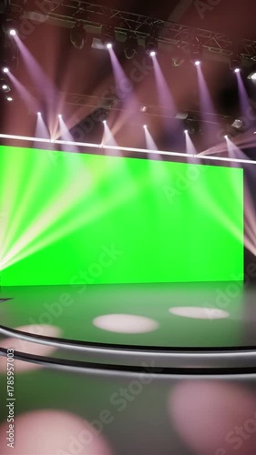 Immersive Event Platform with virtual studio backdrop spotlights for tv shows commercials or events ideal vr tracking system sets green screen distortion, overlay, glitch, static noise, scan lines on
