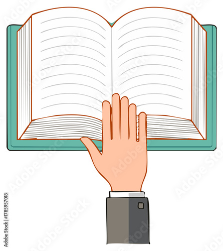 Hand taking oath on open book symbolizing justice truth and promise legal education concept