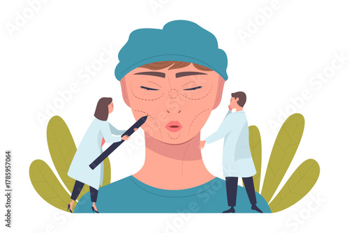Plastic Surgery with Doctor and Patient at Face Correction in Aesthetic Beauty Clinic Vector Illustration