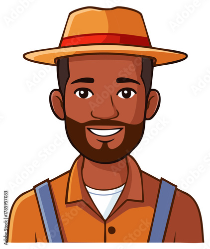 Friendly farmer wearing a hat and overalls smiling cheerfully