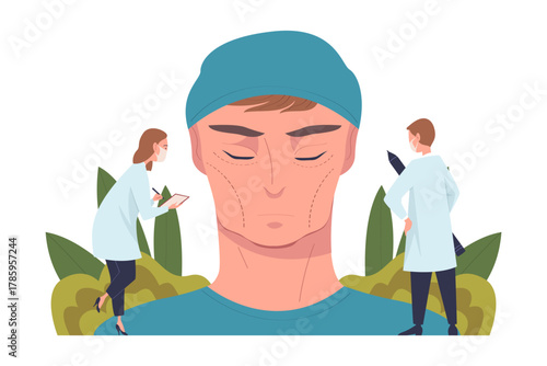 Plastic Surgery with Doctor and Patient at Face Correction in Aesthetic Beauty Clinic Vector Illustration