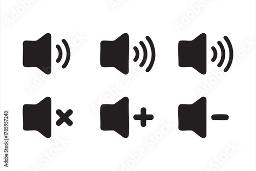 Audio and sound control vector icons set with speaker and volume symbols