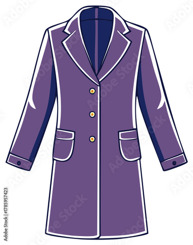 Purple long coat vector illustration. Stylish outerwear garment with gold buttons and flap pockets.