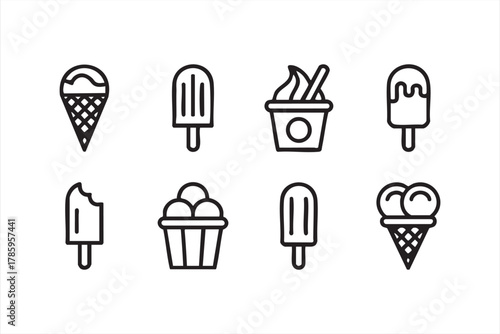 Black and white ice cream symbols representing cold desserts and snacks