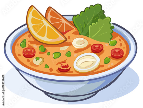 Bowl of flavorful vegetable soup with egg, oranges, tomatoes, and lettuce.