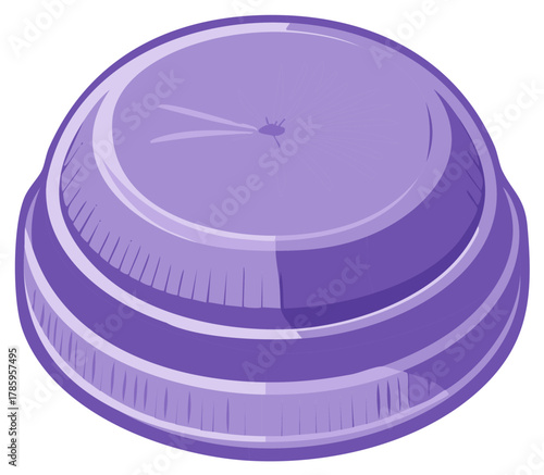 Purple plastic bottle cap with radial texture detail on top and grooved sides
