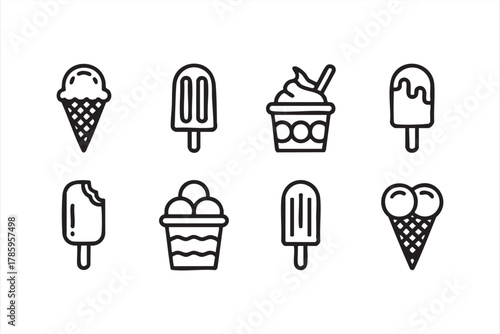 Frozen dessert vector set featuring cones, popsicles, and sundae cups