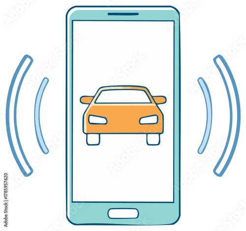 Illustration of Car on Smartphone Screen with Wireless Connection Signals Vehicle Communication Concept