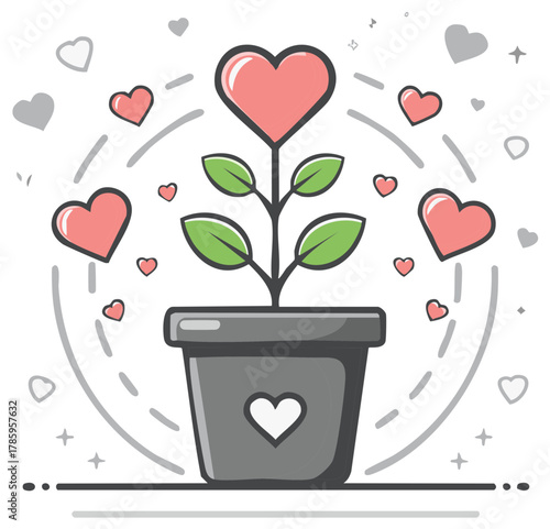 Heart flower plant growing in pot with floating heart shapes for love growth or cultivating good relationships concept flat illustration