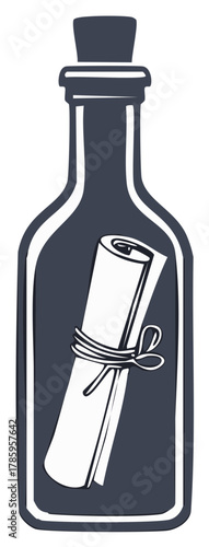 Message in a bottle with rolled scroll and cork stopper simplified icon illustration