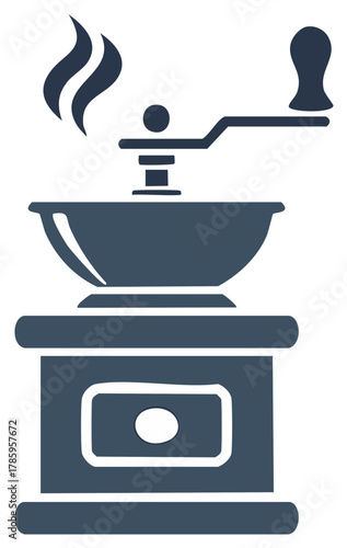 Stylized Icon of Hot Coffee Grinder with Handle on Stand, Traditional, Preparation, Aroma