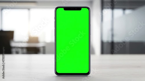 Wider Office Context Phone with black man green screen chroma key smartphone in african american person using internet social media online shopping mobile device focus on display hand distortion