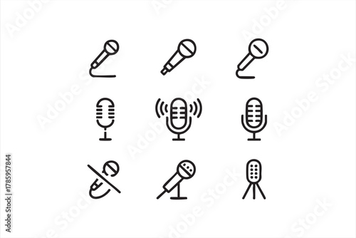 Minimalist line art microphone collection representing audio and sound recording