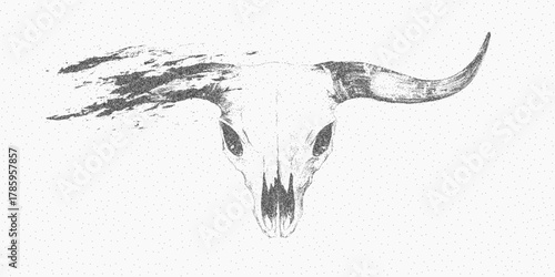 Wild West, head with horns. Worn graphic mark with paper grain stipple buildup and dusty threshold. Gritty ink fills the shape with vintage imperfections.