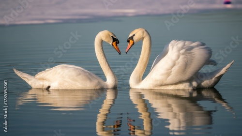 Fototapeta Naklejka Na Ścianę i Meble -  Swan Romance: Two majestic swans in a tender moment, their necks forming a heart shape as they float on the tranquil water, embodying eternal love and affection.