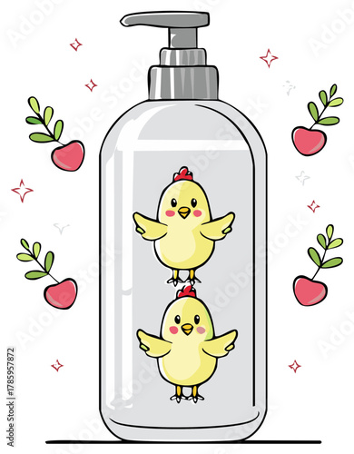 Cartoon Lotion Dispenser with Yellow Chicks, Cute Cartoon Chickens in Hygiene Product Bottle