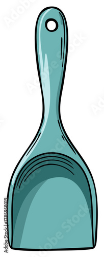 Simple cartoon illustration of a teal dustpan household cleaning tool