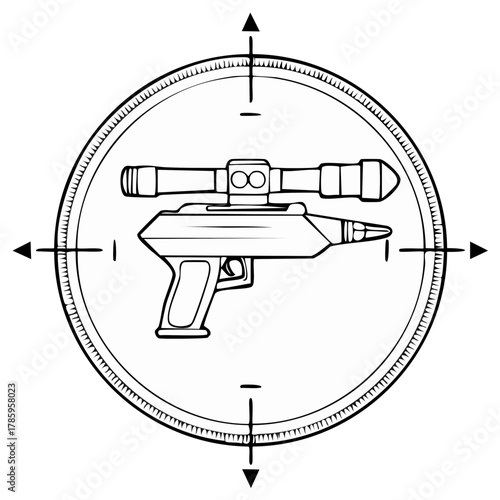 Futuristic raygun with scope inside sighting reticle for targeting, linear design