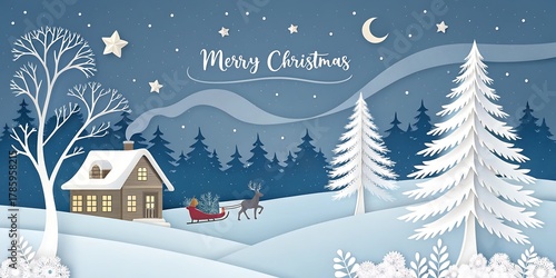 Whimsical winter wonderland christmas scene with a cozy cabin sleigh ride and starry night sky