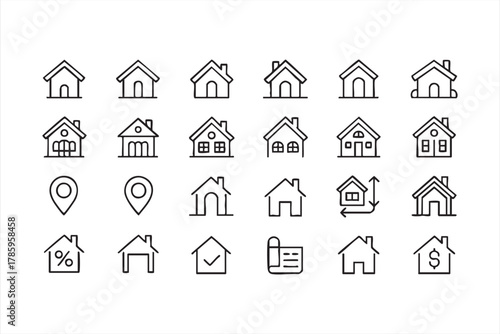 Minimalist home and building icons representing architecture and realty concepts