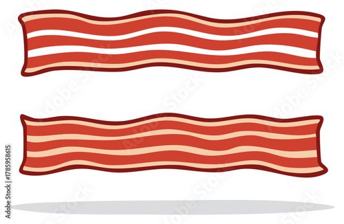 Two wavy strips of cooked bacon with red meat and white fat layers against a white background