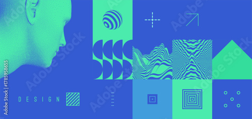 Digital human head. Geometrical pattern. Mosaic. Cover design template. Vector for presentation, placard, banner, poster, brochure or notebook.