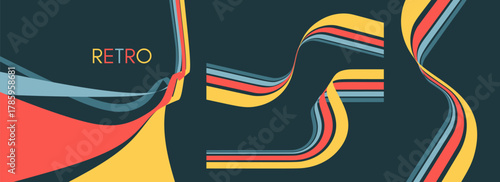 A retro 1970s-style background. Colorful lines. Abstract, dynamic curved ribbons. Designed for posters or banners for sports competitions and races. A collection of vector illustrations.