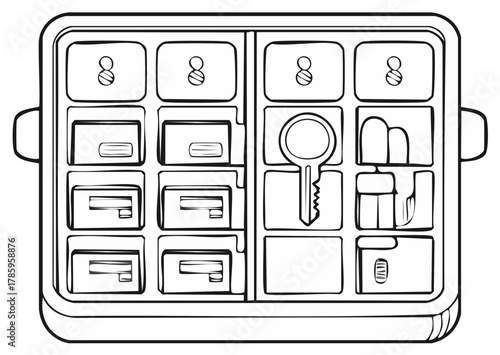Outline drawing first aid kit with organized medical supplies and key in compartments