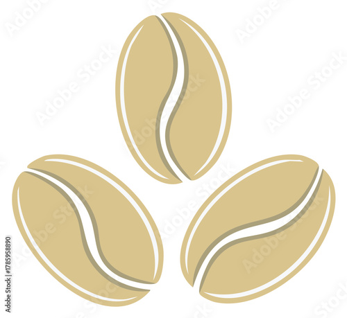 Three stylized coffee beans in a symmetrical arrangement with a light tan color and white highlights forming a minimal pattern.