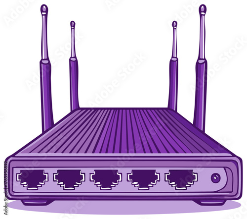 Vibrant purple wireless internet router with four antennas and multiple network ports