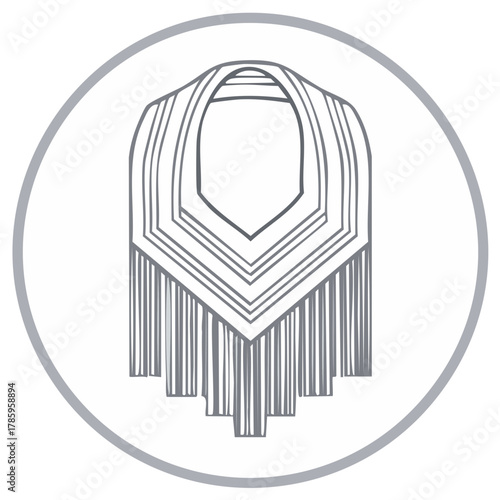 Graphic illustration of a fringed shawl design in a circle frame, vintage style.